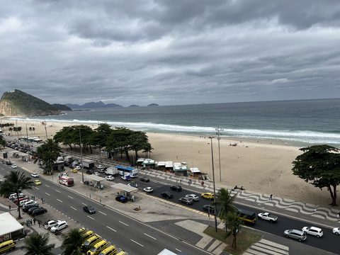An overcast view over Copacabana beach and the avenue from above