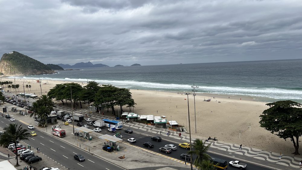 An overcast view over Copacabana beach and the avenue from above