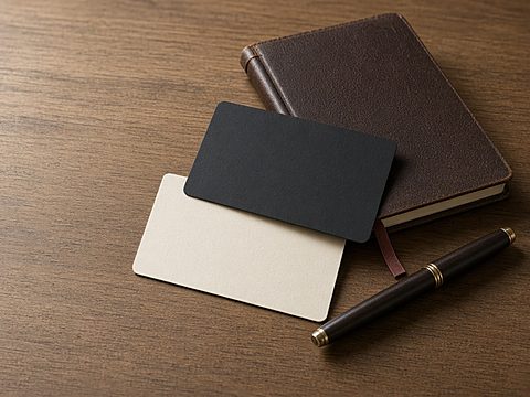 Two plain unbranded cards, a leather notebook and a fountain pen on a wooden table