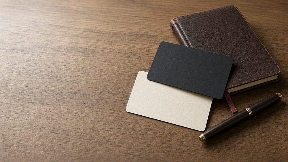 Two plain unbranded cards, a leather notebook and a fountain pen on a wooden table