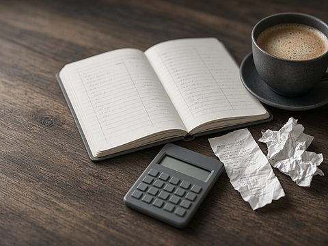 An open ledger notebook, a calculator, crumpled receipts and a cup of coffee on a wooden table