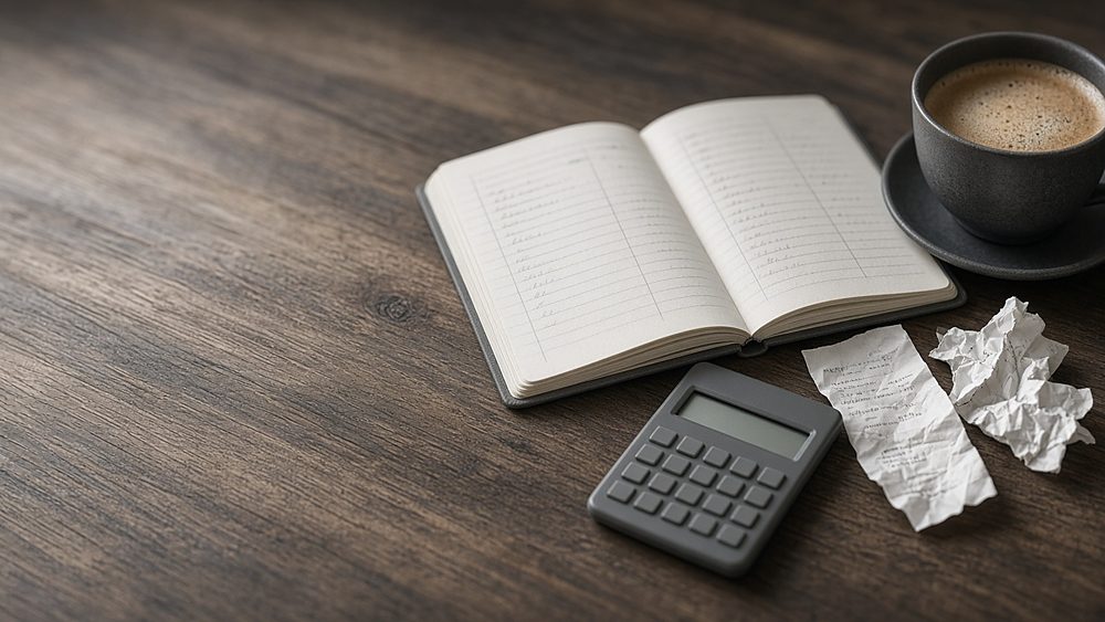An open ledger notebook, a calculator, crumpled receipts and a cup of coffee on a wooden table