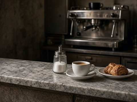 A marble cafe counter with an espresso, a sugar dispenser and a pastry, an espresso machine behind