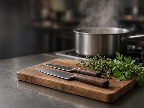 Two kitchen knives and fresh herbs on a cutting board, a steaming pot behind