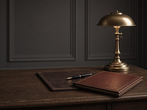 A formal wooden desk with a brass lamp, a leather blotter, a fountain pen and a red leather folder