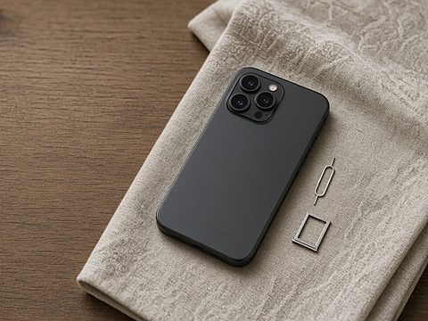 A phone lying face down on linen beside a SIM ejector pin and an empty SIM tray