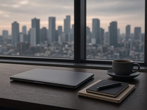 A closed laptop, notebooks and coffee on a desk in front of a window onto a city skyline