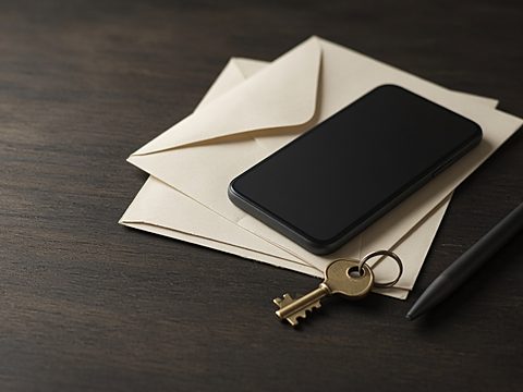 A phone with a dark screen on envelopes beside a mailbox key and a pen