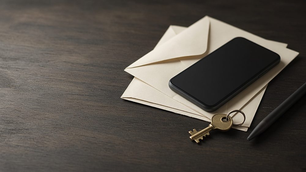 A phone with a dark screen on envelopes beside a mailbox key and a pen