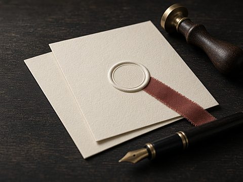 Cream documents with a blank embossed seal and a red ribbon, a stamp and a fountain pen