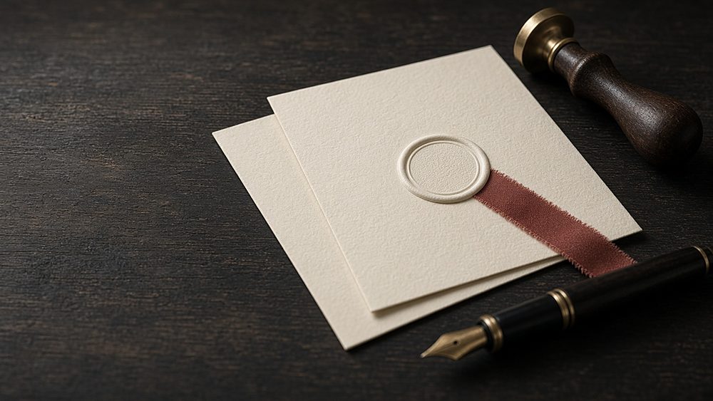 Cream documents with a blank embossed seal and a red ribbon, a stamp and a fountain pen