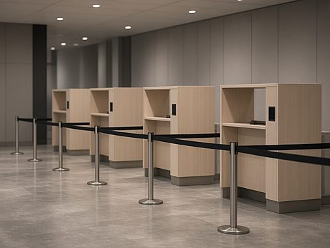 An empty passport control area with pale wooden booths and queue belts on stanchions