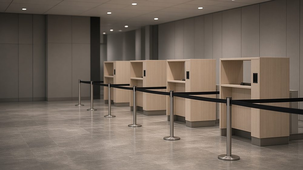 An empty passport control area with pale wooden booths and queue belts on stanchions