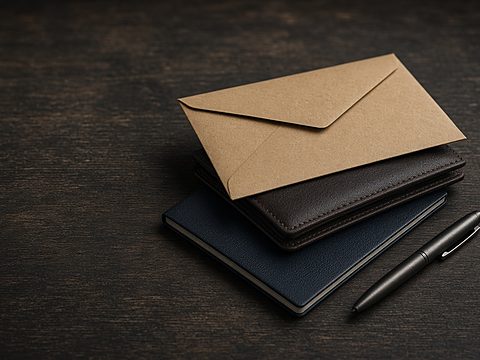 A kraft envelope, a leather wallet and a passport stacked on a desk beside a pen
