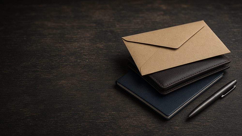 A kraft envelope, a leather wallet and a passport stacked on a desk beside a pen