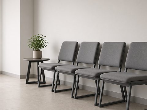 An empty waiting area with a row of grey chairs and a potted plant