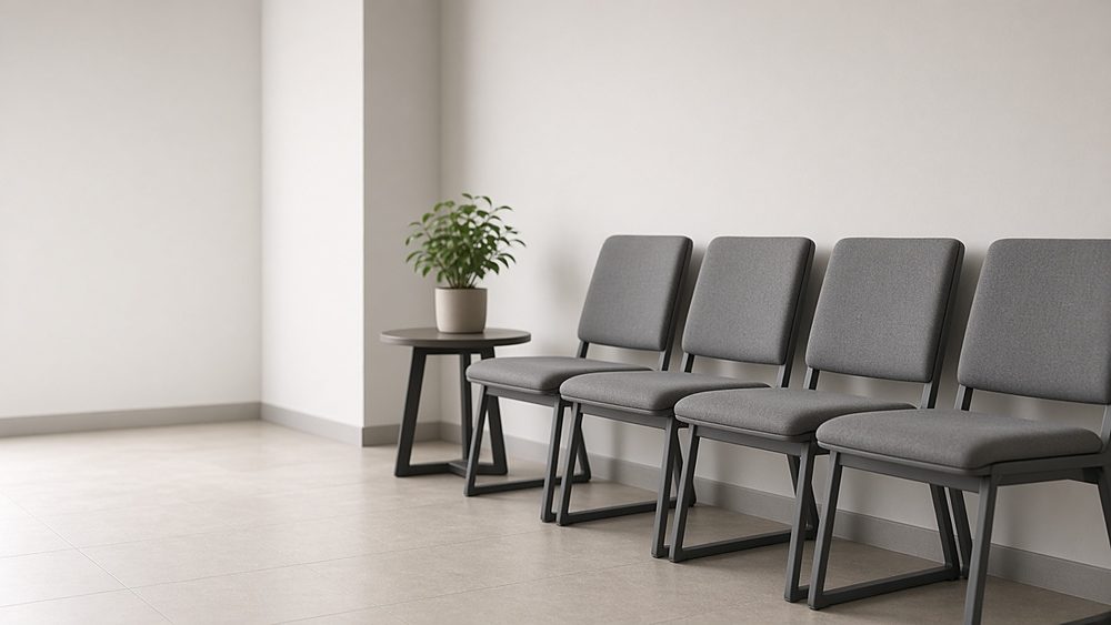 An empty waiting area with a row of grey chairs and a potted plant