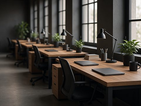 An empty shared workspace with long wooden desks, closed laptops, lamps and plants