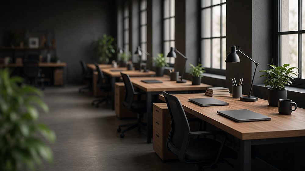 An empty shared workspace with long wooden desks, closed laptops, lamps and plants