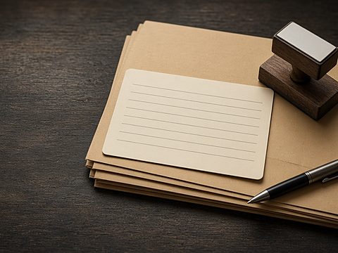A blank index card on manila folders beside a rubber stamp and a pen