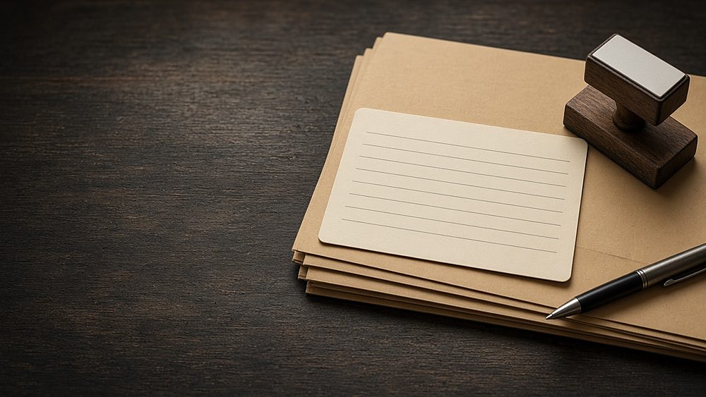 A blank index card on manila folders beside a rubber stamp and a pen