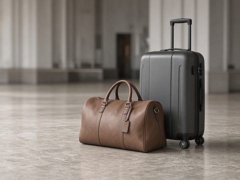 A grey hard-shell suitcase and a brown leather duffel bag in an empty arrivals hall