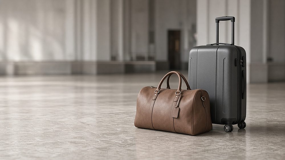 A grey hard-shell suitcase and a brown leather duffel bag in an empty arrivals hall