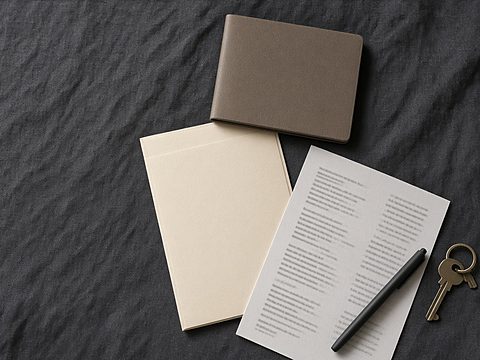 A passport, a document folder, a printed itinerary, a pen and a key laid out on dark linen