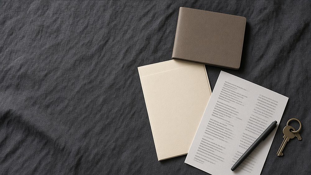 A passport, a document folder, a printed itinerary, a pen and a key laid out on dark linen