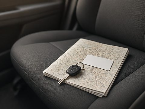 Car keys, a blank card and a folded road map on a car seat