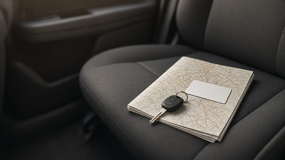 Car keys, a blank card and a folded road map on a car seat