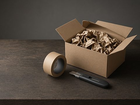 An open cardboard shipping box with kraft paper, a roll of tape and a box cutter