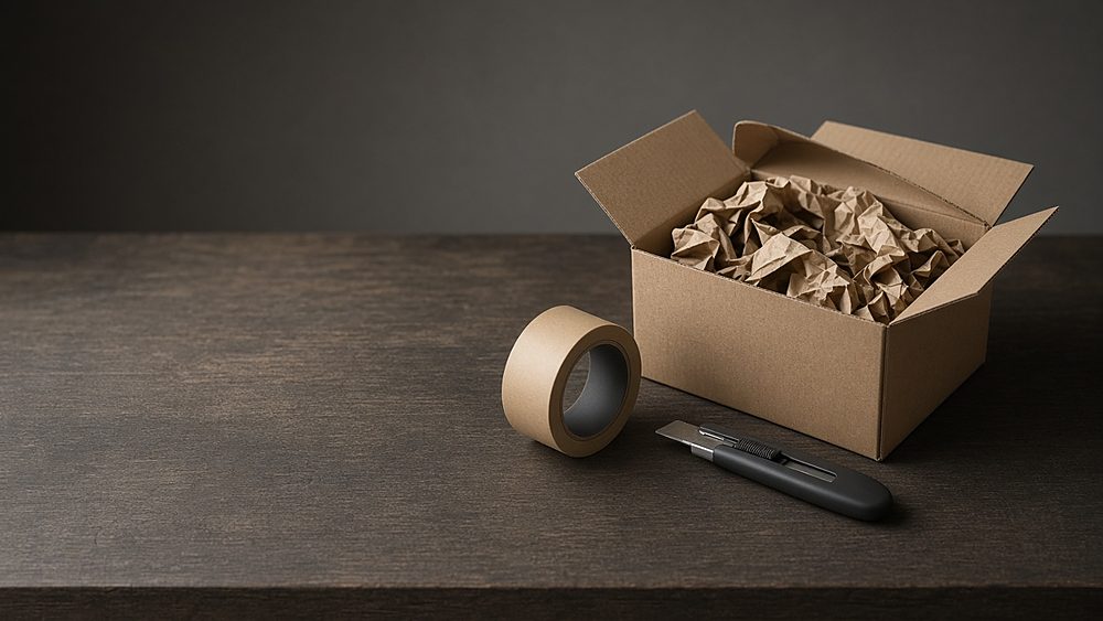 An open cardboard shipping box with kraft paper, a roll of tape and a box cutter