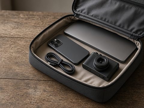 A laptop, a phone, a compact camera and a coiled cable in an open travel case