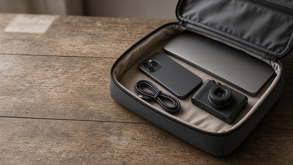 A laptop, a phone, a compact camera and a coiled cable in an open travel case