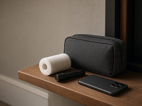 A grey first-aid pouch, a roll of gauze, a flashlight and a phone on a shelf by a door