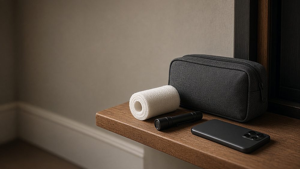A grey first-aid pouch, a roll of gauze, a flashlight and a phone on a shelf by a door