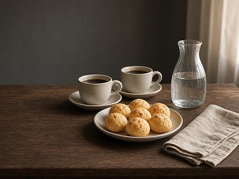 Two coffees, a plate of cheese bread, a water carafe and a linen napkin on a wooden table