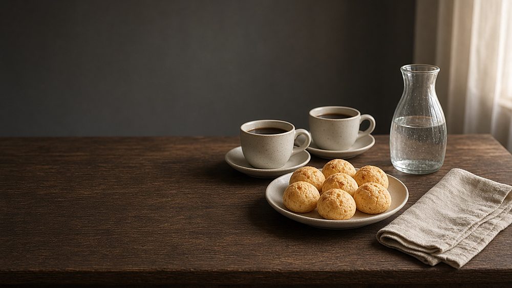 Two coffees, a plate of cheese bread, a water carafe and a linen napkin on a wooden table