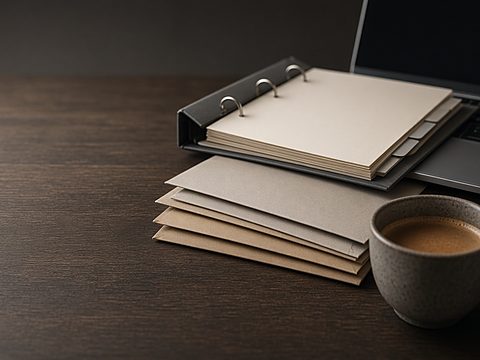 A ring binder, a stack of envelopes, a laptop edge and a cup of coffee on a desk