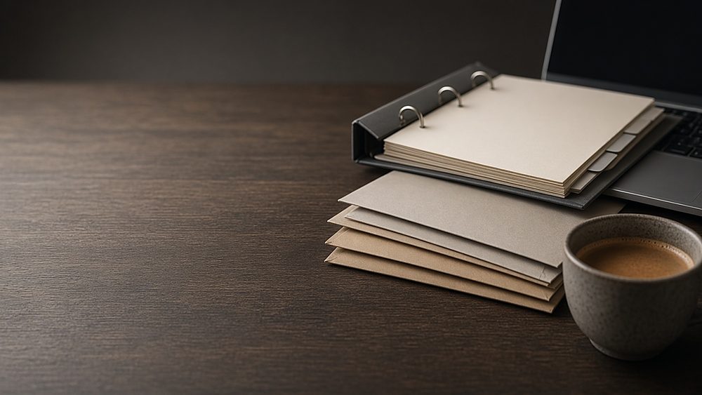 A ring binder, a stack of envelopes, a laptop edge and a cup of coffee on a desk