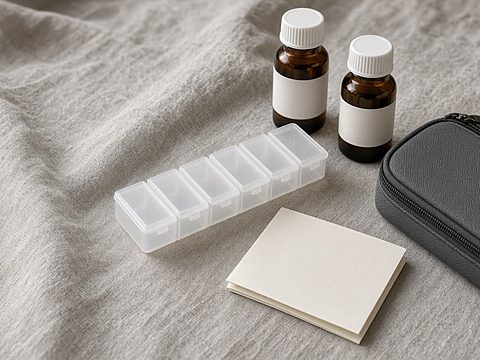 A pill organizer, two amber bottles with blank labels, a folded note and a travel pouch on linen