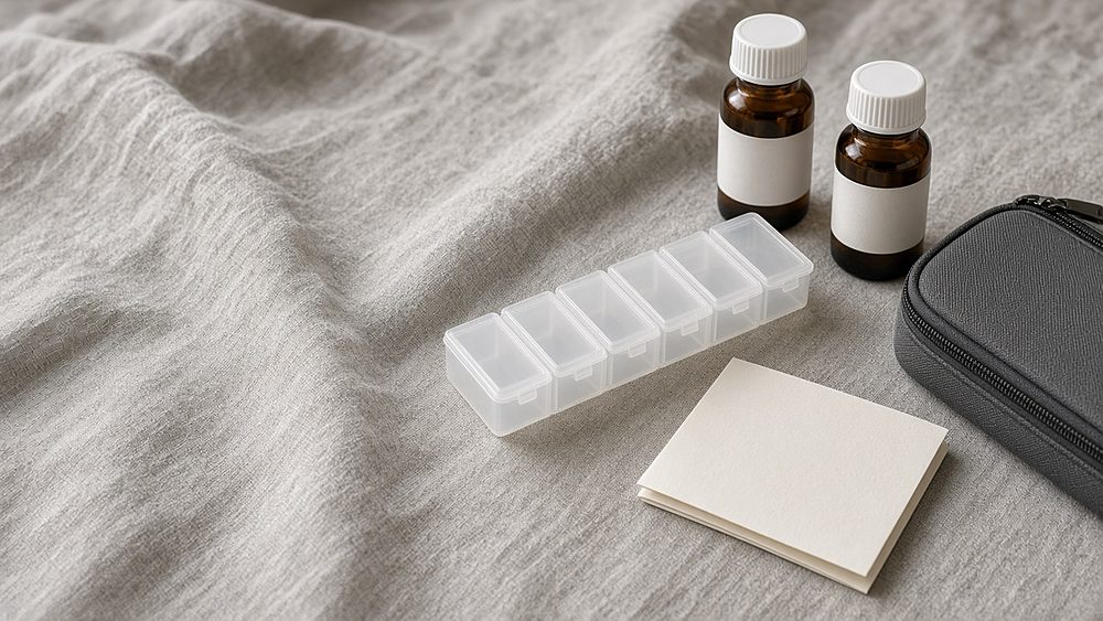 A pill organizer, two amber bottles with blank labels, a folded note and a travel pouch on linen