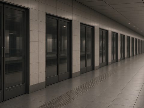 An empty subway platform with tiled walls and glass platform doors