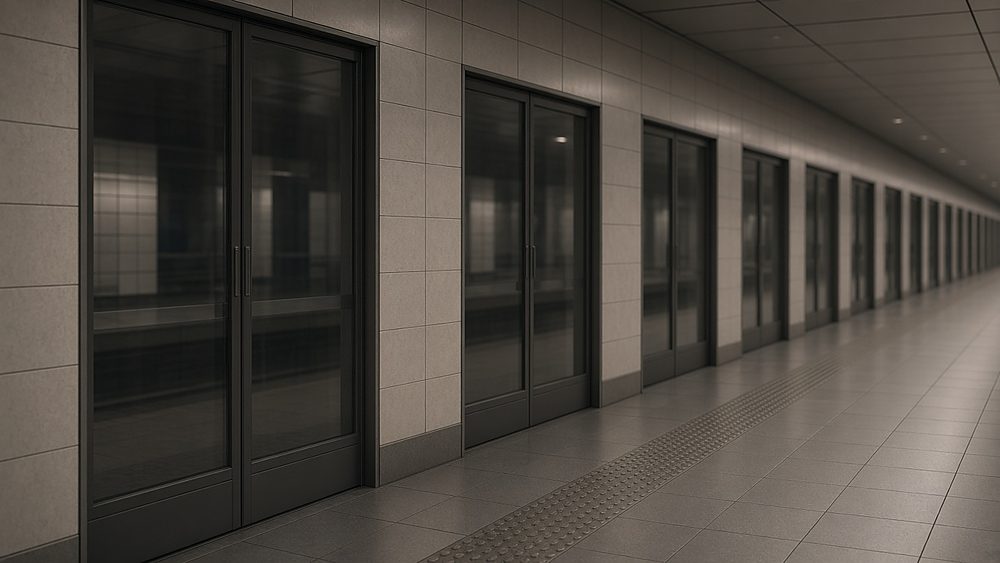 An empty subway platform with tiled walls and glass platform doors