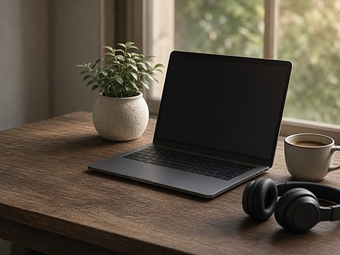 An open laptop with a dark screen, a potted plant, a cup of coffee and headphones on a table by a window
