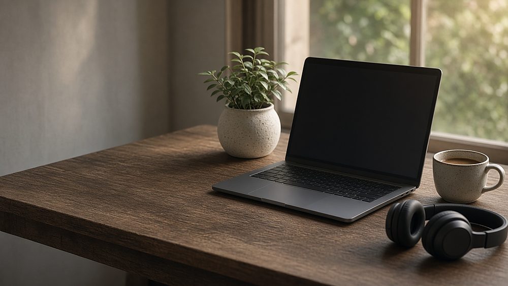 An open laptop with a dark screen, a potted plant, a cup of coffee and headphones on a table by a window