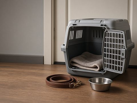 An empty pet travel crate with a blanket, a leather leash and a steel water bowl