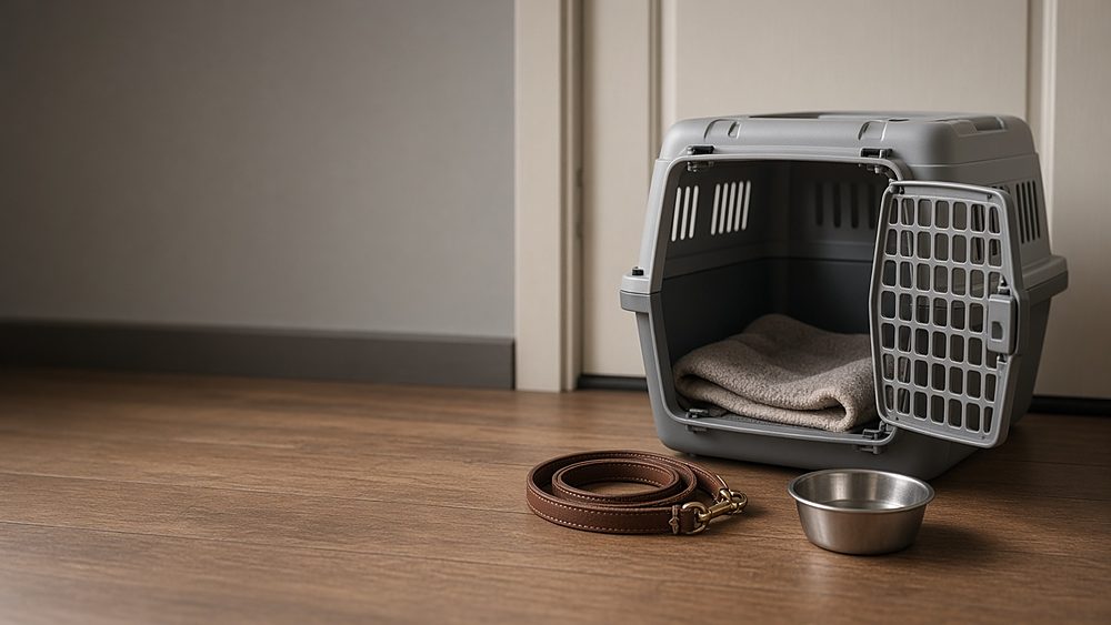 An empty pet travel crate with a blanket, a leather leash and a steel water bowl