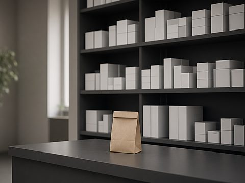 Pharmacy shelves of plain white boxes behind a counter with a paper bag